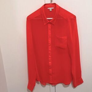 American Eagle Outfitters Long Sleeve Semi Sheer Neon Orange Blouse. Size Large.